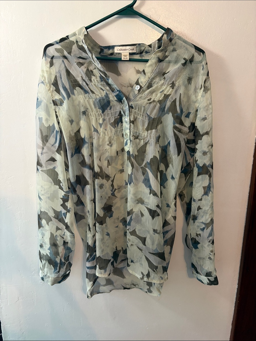 Coldwater Creek Sage and Blue Floral Sheer V-Neck Blouse Size Small